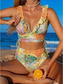 Conjunto de camiseta de tirantes y bikini con estampado floral ditsy para mujer, ideal para vacaciones románticas en la playa, nuevas llegadas de moda primavera/verano 2026: estilos de Año Nuevo, estilos de San Valentín, estilos de vuelta al col - Verde - Ver 4