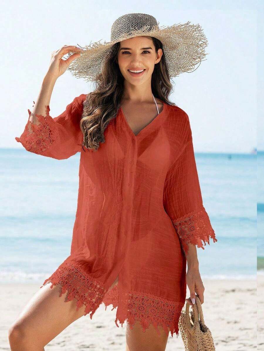 Blusa Tipo Kimono De Encaje Para Mujer Para Boda - Color caoba - Ver 1