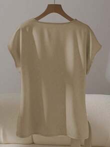 Blusa elegante de manga corta, cuello redondo, con volantes y lazo, color caqui, para primavera/verano - Caqui - Ver 2