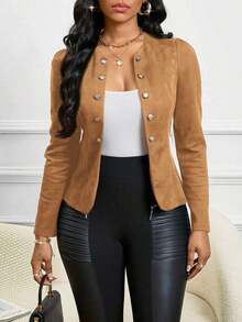 Lady Chaqueta abierta con detalles de botones en ante negro para otoño/invierno - Marrón - Ver 3