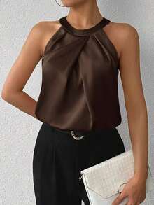 Blusa de crepé champán con cuello fruncido, sin mangas, elegante y sencilla para la oficina, para uso diario y de oficina - Marrón Chocolate - Ver 5