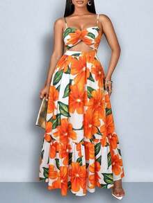 Vestido maxi elegante y casual para mujer de talla grande con estampado floral romántico, sin mangas, con cintura ceñida y nudo, tirantes de espagueti, para vacaciones en la playa, primavera y verano, para el verano en Hawái, vestidos de verano p - Naranja - Ver 7