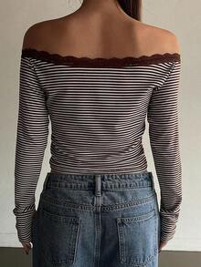 Camiseta ajustada para mujer con hombros descubiertos, con encaje y lazo de contraste, manga larga, top con hombros descubiertos - Gris - Ver 2