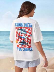 X Women's Short Sleeve Crew Neck T-Shirt With Shark Graphic And Lettering | Exquisite Design | Loose And Comfortable | Easy To Match | - White - View 3