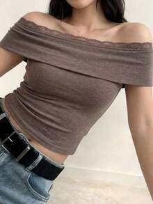 Camiseta de manga corta minimalista de unicolor para mujer, uso casual de todos los días en verano - Marrón - Ver 5