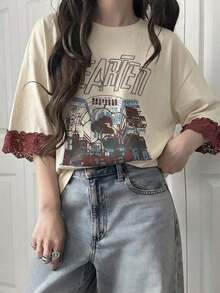 Camiseta de manga corta para mujer con ajuste holgado, estampado de letras, parches de encaje, de mezcla de algodón transpirable, versátil para primavera/verano - Albaricoque - Ver 5