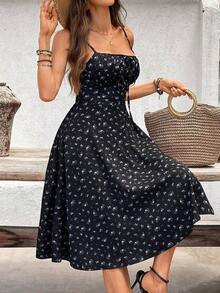 Vestido largo de mujer de corte recto con estampado floral, sin espalda, con abertura, favorecedora figura, elegante para fiesta/cita - Multicolor 3 - Ver 3