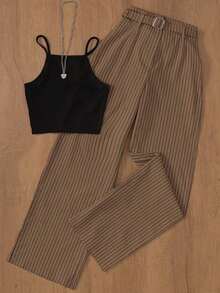 Conjunto elegante de top sin mangas casual/de oficina/de jardín con cinturilla a rayas y pantalones a rayas para mujer, para primavera/verano - Marrón y negro - Ver 7