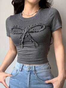 Camiseta ajustada de manga corta con cuello redondo, volantes y lazo, unicolor para mujer, crop top para mujer en Pascua - Gris - Ver 7