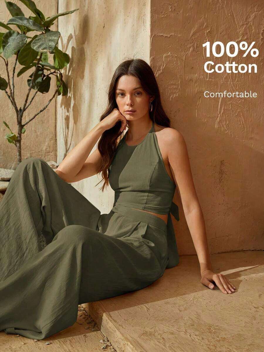 trasero de espalda abierta Top halter & Pantalones de pierna ancha - Verde militar - Ver 1