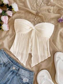 Top bandeau casual y sexy de tela con textura y corte con retorcido para vacaciones - Albaricoque - Ver 4