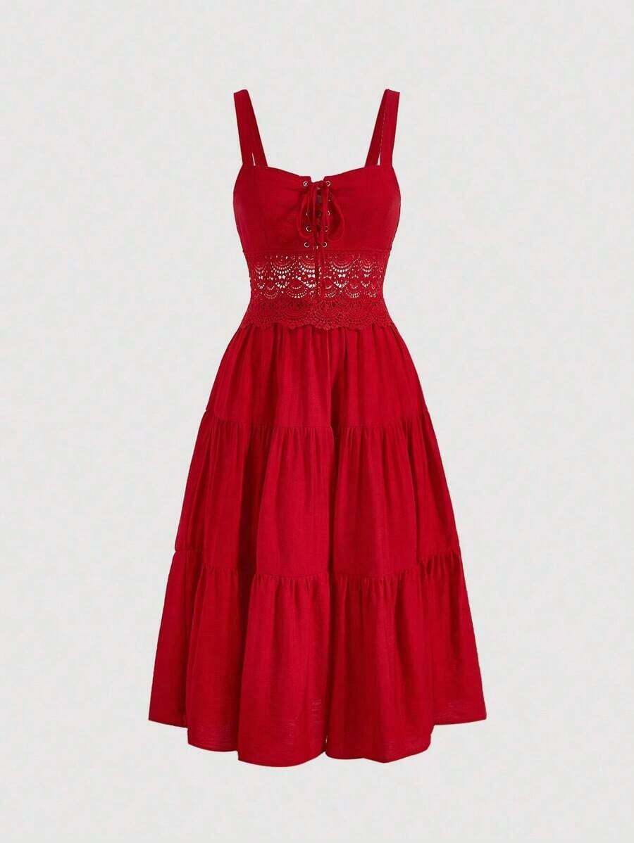 MOD Vestido de tirantes unicolor con cordón bajo con fruncido - Rojo - Ver 1