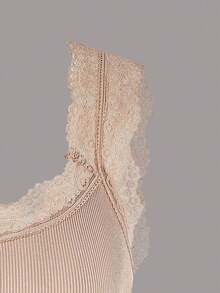 Top de tirantes de cuello redondo de unicolor con encaje de contraste para mujer en verano - Multicolor - Ver 4