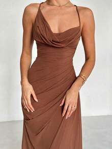 elegante y romántico de estilo elegante y sexy para mujer, adecuado para fiesta, vacaciones, vuelta al colegio, cita romántica y boda, vestido de fiesta, vestido largo con cuello drapeado, espalda descubierta y volantes con lazo - Café integral - Ver 3