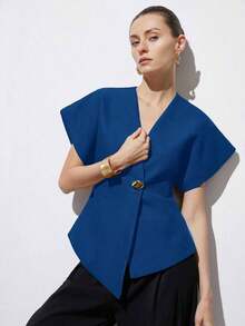 Chaqueta de mujer con cuello en V elegante, hombros anchos, bajo asimétrico, botones decorativos y mangas cortas, diseño minimalista y versátil para el uso diario - Azul - Ver 5