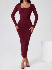 Vestido largo de manga larga con cuello cuadrado color negro sólido ajustado, vestido elegante de manga larga para mujer con cuello cuadrado, ajuste ceñido, manga recta, liso, para uso diario casual en primavera/otoño - Burdeos - Ver 6