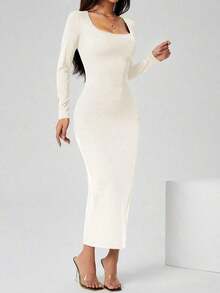 Vestido largo de manga larga con cuello cuadrado color negro sólido ajustado, vestido elegante de manga larga para mujer con cuello cuadrado, ajuste ceñido, manga recta, liso, para uso diario casual en primavera/otoño - Blanco - Ver 8