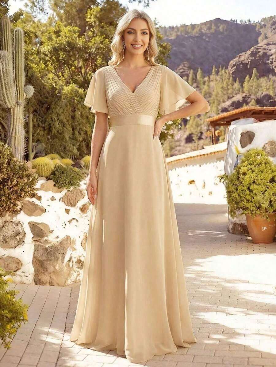 Vestido de dama de honor con cuello en V elegante, mangas con volantes y mariposa, color verde salvia, vestido de invitada de boda, vestido de primavera semi-formal para boda, fiesta de cumpleaños, graduación, Día de San Valentín - Champán - Ver 1