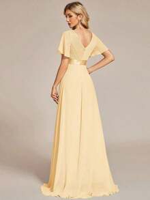 Vestido de dama de honor con cuello en V elegante, mangas con volantes y mariposa, color verde salvia, vestido de invitada de boda, vestido de primavera semi-formal para boda, fiesta de cumpleaños, graduación, Día de San Valentín - Amarillo - Ver 2