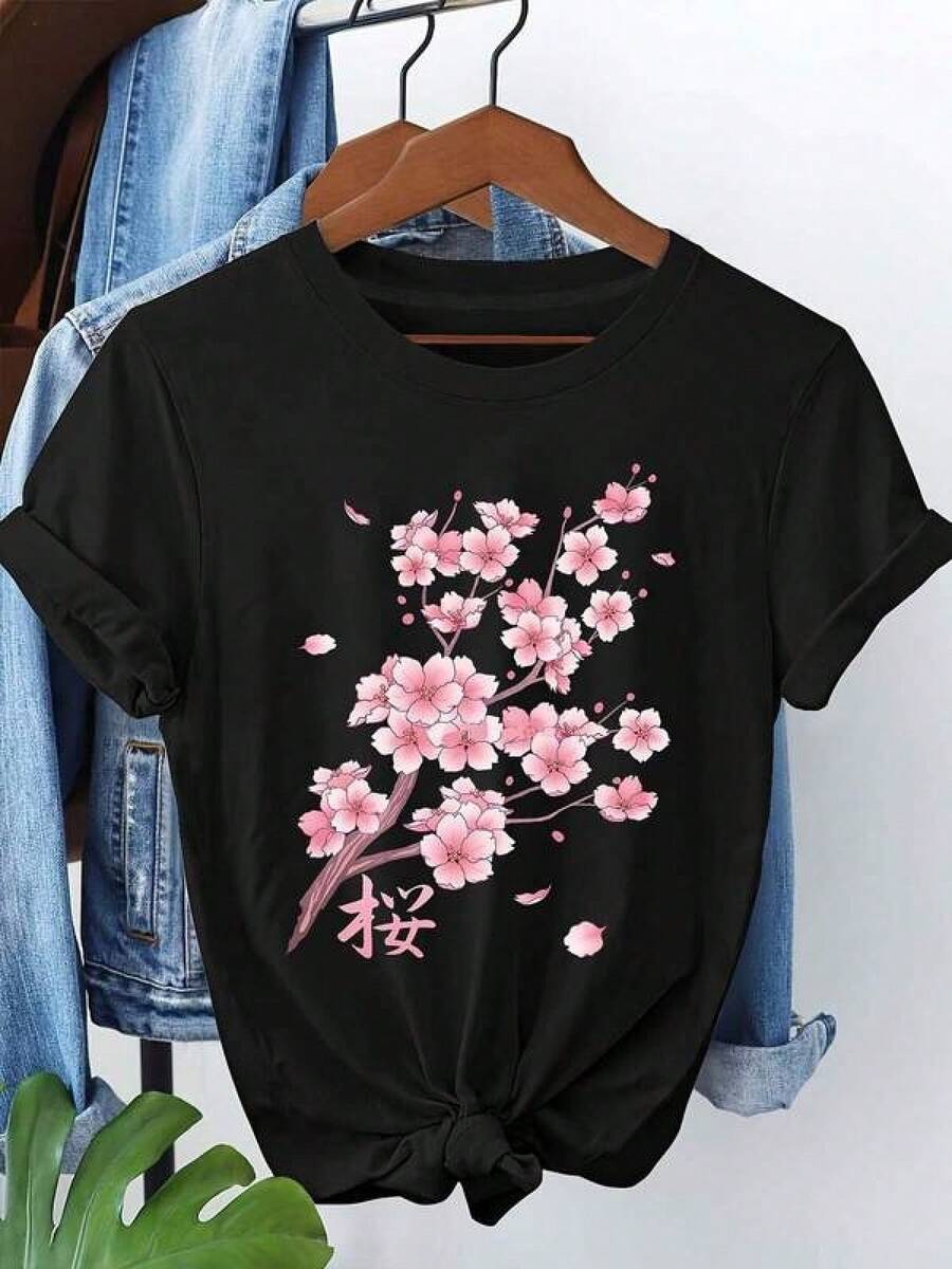 Men's Casual Short-Sleeved Crew Neck Black T-Shirt, Women's T-Shirts Unique Cherry Blossom Design T-Shirt Style Y2k Perfect To Stand Out On Any Occasion, Ideal For Lovers Of Contemporary Fashion And Japanese Aesthetics, A Must-Have Garment In Your Modern Wardrobe. - 黑色 - 查看 1