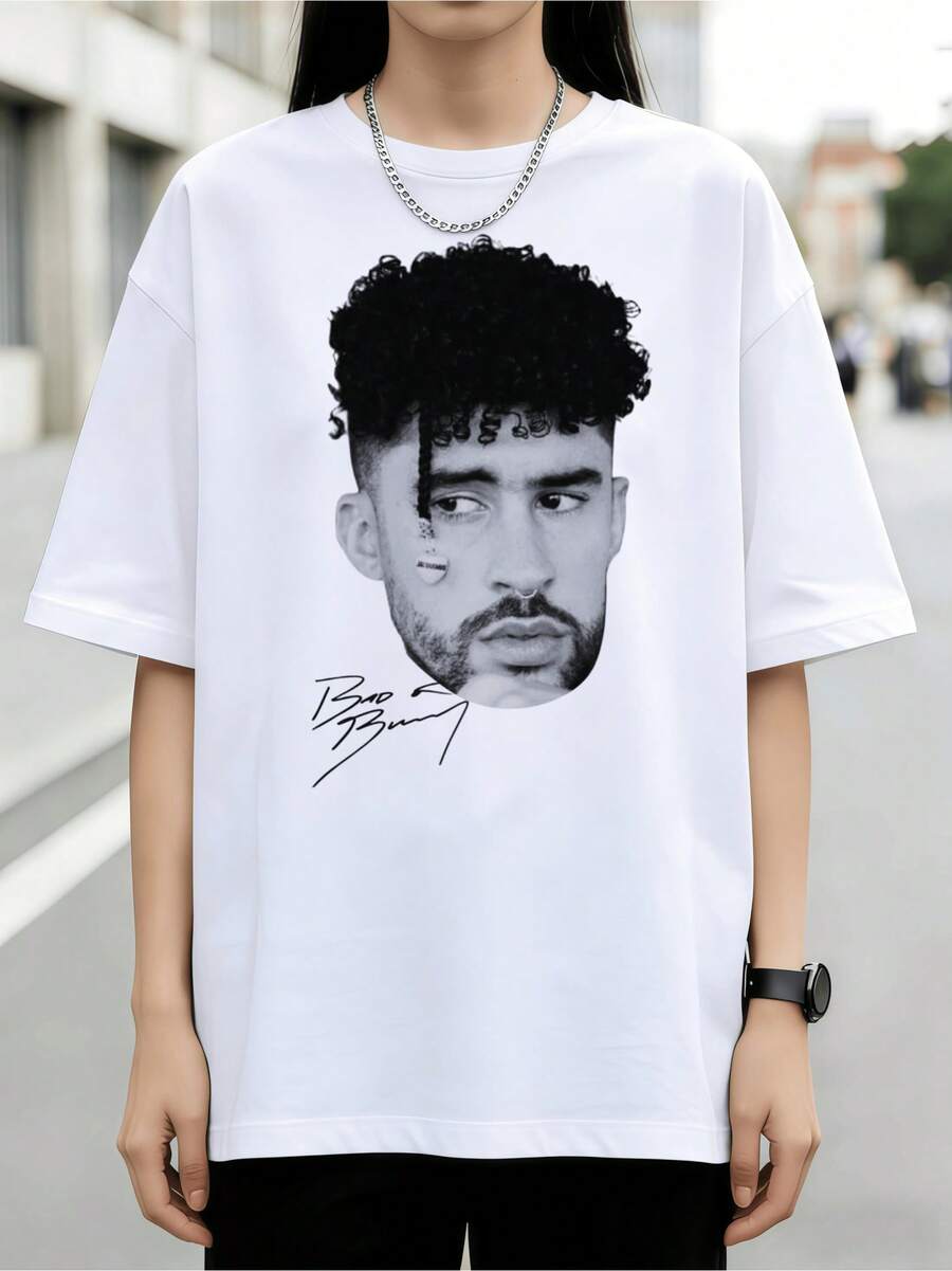Vintage  Signature Graphic T-Shirt, 100%  Cotton  Grunge Style - White - View 1