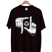 Black Casual T-Shirt, Printed With Eye And Gesture Designs (OK/Peace Sign) - Short Sleeves, Round Neck, Suitable For All Seasons, Machine Washable. Regular Fit, Perfect For Casual Wear And Themed Events Like Halloween And Christmas. Fade-Resistant, Artistic Print, Suitable For Women, Ideal For Work, Suitable For Anniversaries. - 黑色 - 查看 1