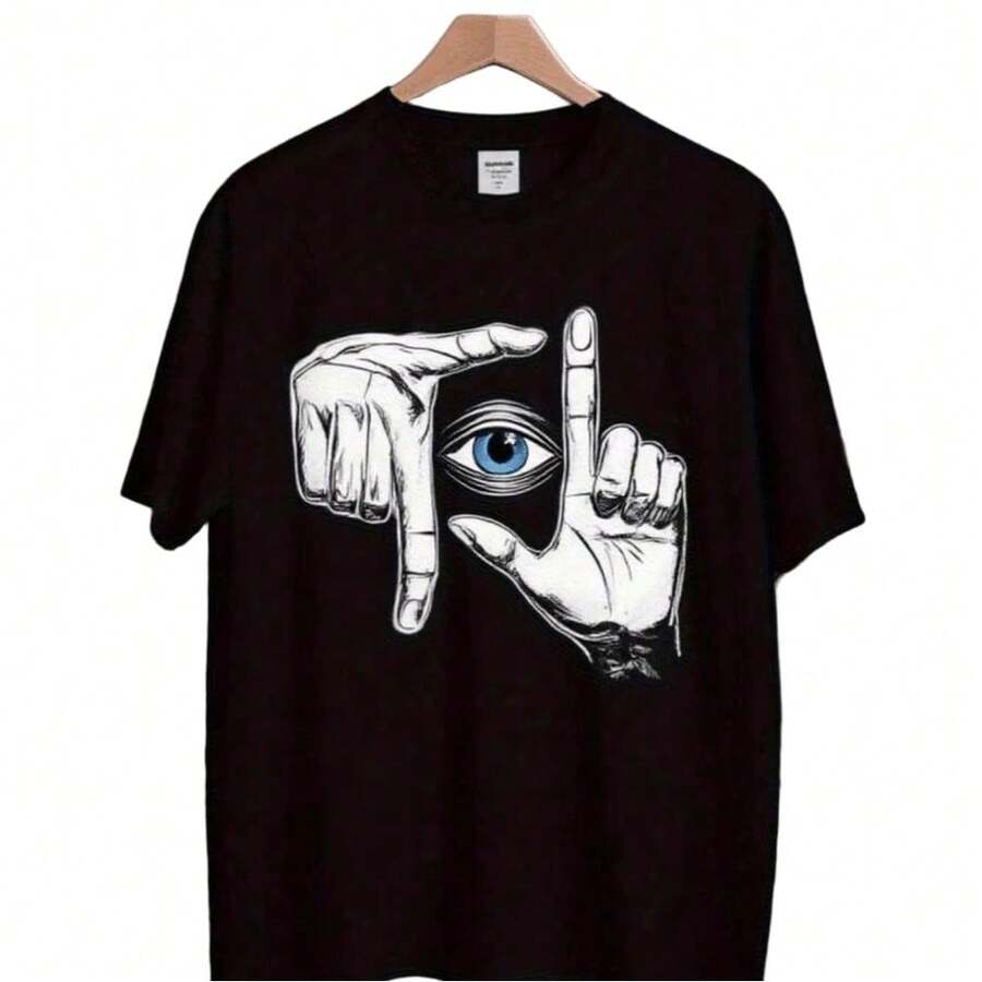 Black Casual T-Shirt, Printed With Eye And Gesture Designs (OK/Peace Sign) - Short Sleeves, Round Neck, Suitable For All Seasons, Machine Washable. Regular Fit, Perfect For Casual Wear And Themed Events Like Halloween And Christmas. Fade-Resistant, Artistic Print, Suitable For Women, Ideal For Work, Suitable For Anniversaries. - 黑色 - 查看 1