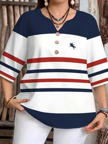 Camisa casual de manga corta a rayas en blanco y negro con botones delanteros, estilo preppy, para mujer de talla grande.Camisa de verano para mujer, estilo de vacaciones campestres, estilo bohemio para mujer. - Multicolor 3 - Ver 4