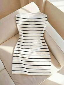 Vestido tubo ajustado de cuello redondo con estampado de rayas para mujer, primavera/verano - Multicolor 2 - Ver 2