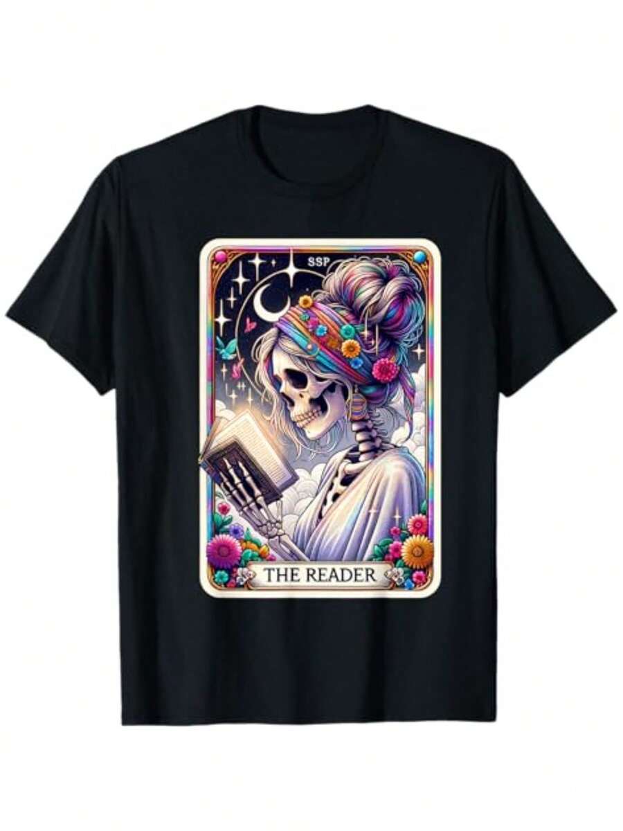 Tarot Card Print T-Shirt "Reader" - Pure And Soft Cotton, The Perfect Choice For Book Lovers And Librarians - Ideal Gift For Men And Women On Christmas, Thanksgiving, New Year And Birthdays. - 黑色 - 查看 1