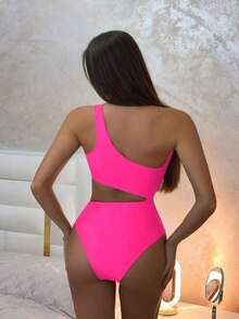 Traje de baño de una pieza con bloque de color y un solo hombro para mujer, ideal para nadar, vacaciones y playa en verano - Rosa - Ver 2
