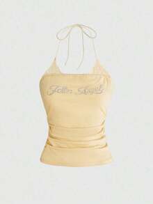 Camiseta de tirantes finos con adornos de strass y ribete de encaje 2 en 1 para mujer - Amarillo claro - Ver 5