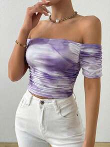 Camiseta de manga corta plisada con cuello recto en línea - Morado - Ver 9