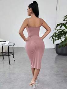 Vestido ajustado unicolor tejido de canalé - Rosa vieja - Ver 2