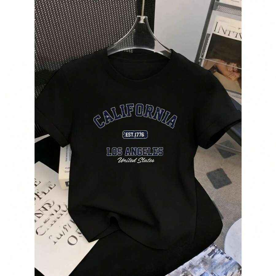 Women's Y2K-Inspired 'California' Graphic Crop Top - Slim Fit, Short Sleeves, Stretch Polyester Blend, White With Blue Lettering, Ideal For Summer And Casual Wear, Summer Tee. - 黑色 - 查看 1