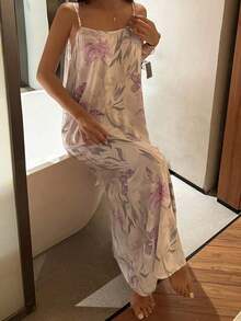 Vestido largo y ligero con estampado floral para mujeres, estilo de pijama para vacaciones, vestido de noche tipo muu muu - Morado 2 - Ver 10
