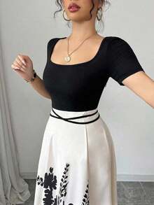 YHHRafferiza Petite Vestido midi de mujer con escote cuadrado y mangas cortas con estampadoYHH - Multicolor 2 - Ver 11