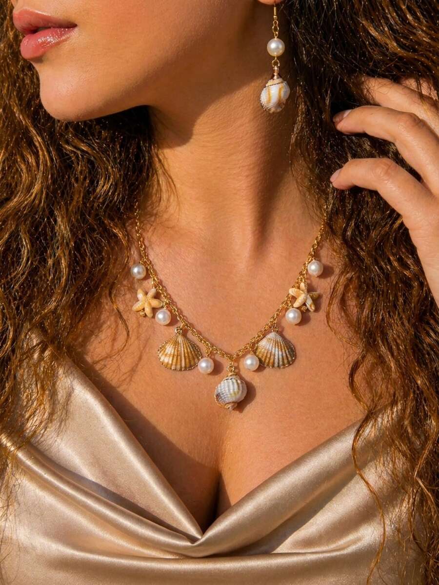 3 Peças Conjunto de Brincos e Colar com Pingente de Concha e Estrela-do-mar Estilo Férias, Elegante, Pérola Falsa e Borla, Presente de Joias Sofisticado para Mulheres - Multicolorido - Visão 1