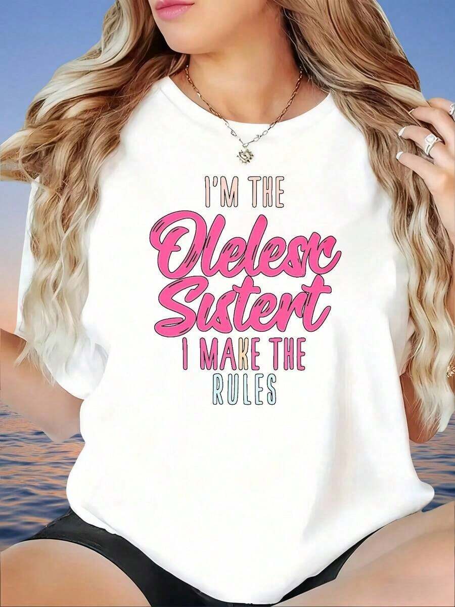 GraphicI M The Big Sister I Break The Rules Casual T-Shirt For Women, Funny Gift For Sisters, Summer T-Shirt For Girls, Women's T-Shirt - 白色 - 查看 1