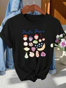 Camiseta Casual Elegante con Estampado de Frutas Frescas y Cuello Redondo |   Elegante, versátil para ir al trabajo y a las vacaciones, estilo vintage, tallas S-XXL, adecuado para primavera/verano/otoño, 100% algodón, duradero. - Negro - Ver 7