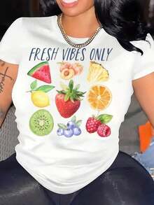 Casual T-Shirt With Fruit Print, Summer Style, Casual Clothing For Women And Girls, Perfect For Beach, Picnic Or Daily Outings, 220g, 100% Cotton, Durable - 白色 - 查看 2