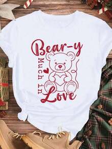 Plus Size T-Shirt With A Teddy Bear And Heart Print For Valentine's Day And Romantic Occasions, Urban Vintage Style, Unisex, Cotton, Short Sleeve, Round Neck, Blouses For Women. Casual Blouses For Ladies. Care Bear Print. Printed T-Shirt. Care Bear Print. - 白色 - 查看 3