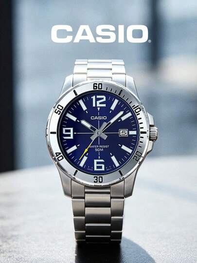 Casio 卡西欧 MTP-VD01D-2B 男士不锈钢表带石英模拟手表，运动设计，适合日常佩戴，男士礼物