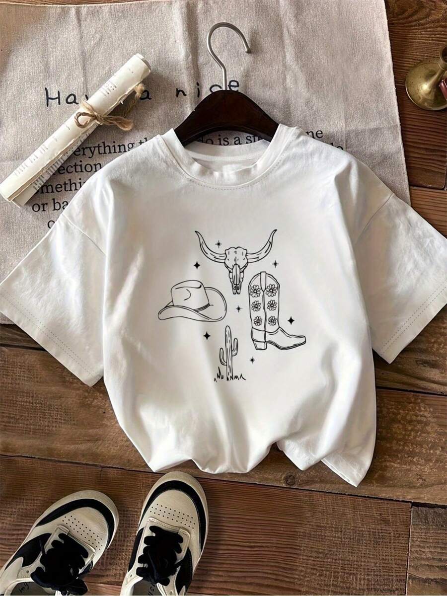 Camiseta ligera de moda con estampado, cuello redondo y mangas cortas, ropa holgada para mujer, atuendo casual diario para mujer. - Blanco - Ver 1