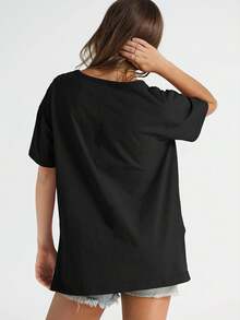 Cozy Comfy Lounge Plus Size - Camisa de manga corta estampada en negro para mujer, top casual de cuello redondo, adecuada para primavera y otoño, ropa - Negro - Ver 4