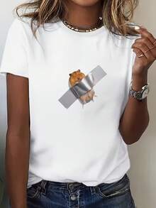 Conjunto ligero de una pieza para primavera/verano, hermoso, para señoritas, camiseta de manga corta para mujer, con un divertido patrón de hámster fijado con cinta plateada, camiseta de manga corta, estilo divertido y peculiar, cómoda y agradable para la piel, top informal para uso diario, elegante para fiestas, regalo para vacaciones. - Blanco - Ver 6
