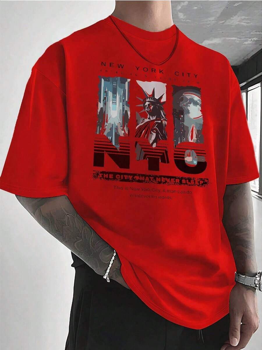 Short-Sleeve Heavyweight Cotton T-Shirt With New York Sky Freedom Graphic PAYEAH 100% Cotton - 紅色的 - 查看 1