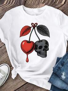1 pieza de camiseta casual de algodón puro para mujer, estilo gótico con estampado de cerezas y calaveras, un regalo elegante y versátil para citas. Ligera y transpirable, adecuada para todo tipo de cuerpos, captura sin esfuerzo el estilo moderno. 180g 100% Algodón. - Blanco - Ver 12