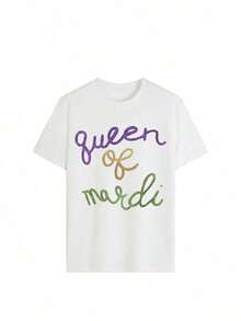 Camiseta de manga corta de gran tamaño para mujer, con estampado gráfico de letras cursivas con brillo, cuello redondo, estilo Y2K, estética linda, corte holgado, top casual, ropa urbana transpirable y ligera para uso diario, festivales de música, vacaciones, escapadas de fin de semana, perfecta para estilo urbano, salidas casuales, campus universitario y conjuntos casuales de verano. - Blanco - Ver 2