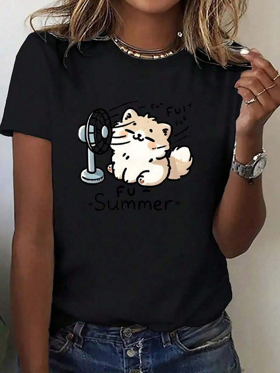 Camiseta Casual de Corte Holgado para Mujer con Estampado Gráfico "Fu Summer Cute Cat", Transpirable y Cómoda, de Manga Corta y Cuello Redondo, con Estampado de Gato Kawaii, de Algodón Suave, Perfecta para Uso Diario y Estilo Urbano de Verano. - Negro - Ver 1